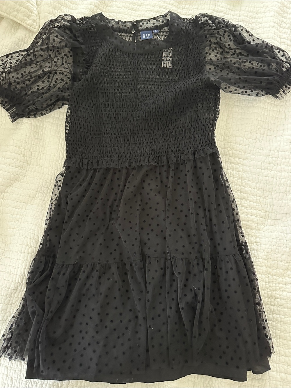 GAP Black Polka Dot Mesh Puff Sleeve Mini Dress